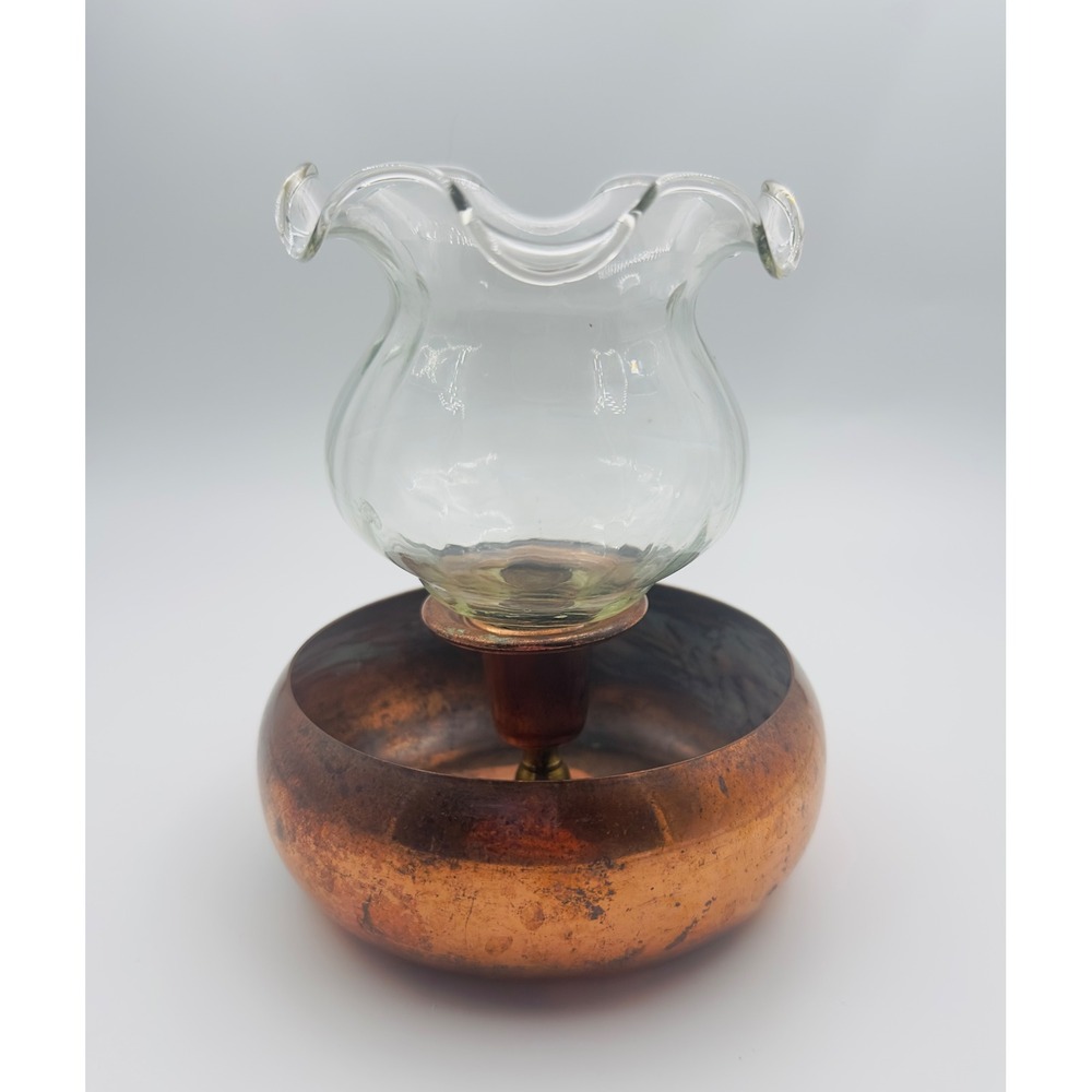 Primitive Coppercraft Copper Candle Holder Ruffled Glass Rim Hurricane Shade